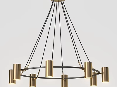 Modern Brass Chandelier With Circular Frame And Cylindrical Shades Black Hanging Cables For Contemporary Interior 3d model