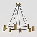 Modern Brass Chandelier With Circular Frame And Cylindrical Shades Black Hanging Cables For Contemporary Interior
