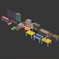 Various Furniture Pieces Including Red Shelves Yellow Tables Gray Cabinets And Storage Boxes