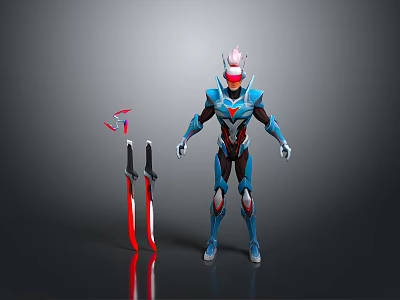 Futuristic Armored Character In Blue Red Suit With Two Swords And Red Accents 3d model