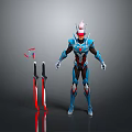 Futuristic Armored Character In Blue Red Suit With Two Swords And Red Accents