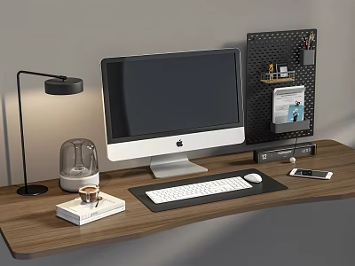 Modern iMac Computer Setup On Wooden Desk With Black Lamp Keyboard Mouse And Perforated Board 3d model