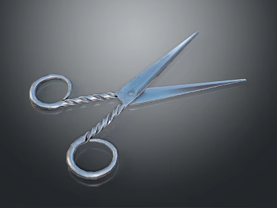 Shiny Metal Scissors Featuring Twisted Handle And Sharp Blades Design 3d model