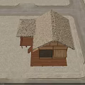 Traditional Thatched House with Wooden Structure and Thatch Roof on Sandy Ground