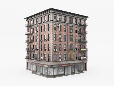 Multi Story Red Brick Apartment Building With Fire Escapes Air Conditioners And Ground Floor Shops 3d model