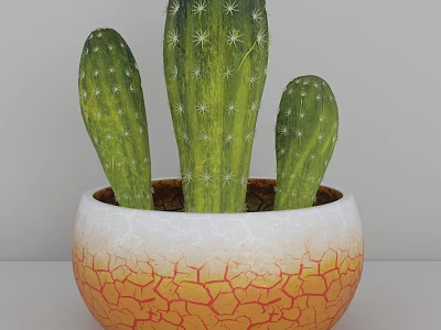 Decorative Ornament Set With Three Green Cactus In White Orange Gradient Pot 3d model