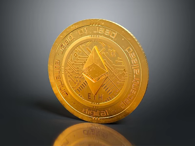 Gold Jewelry Piece With ETH Token Design And Circuit Texture On Dark Shiny Background 3d model
