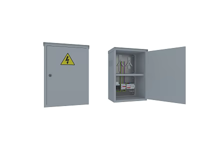 Industrial Electrical Control Cabinet with Grey Enclosure Warning Label Open Closed Doors and Internal Shelves 3d model