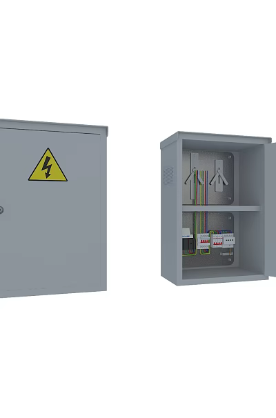 Industrial Electrical Control Cabinet with Grey Enclosure Warning Label Open Closed Doors and Internal Shelves 3d model