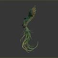 Mythical Flying Phoenix with Spread Green Yellow Wings and Long Vibrant Tail Feathers