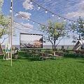 Outdoor Garden Landscape With Green Lawn White Stalls Trees Large Screen And String Lights