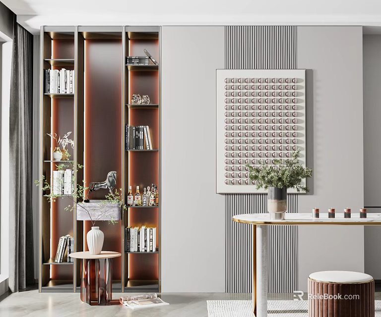 Modern Open Shelf Bookcase With Books Decor Items And Green Plants In Interior Space 3d model 