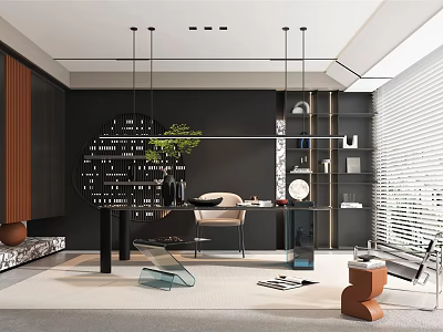 Modern Home Office Interior Design With Hanging Lights Green Plant Desk And Wooden Shelves 3d model