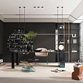 Modern Home Office Interior Design With Hanging Lights Green Plant Desk And Wooden Shelves
