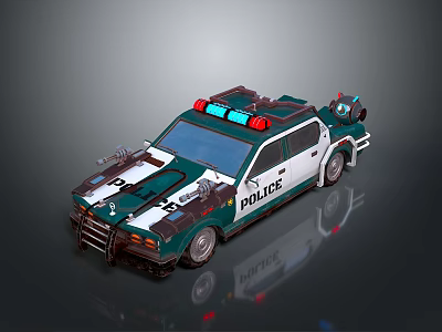 Green and White Police Car With Red Blue Lights And Detailed Design 3d model