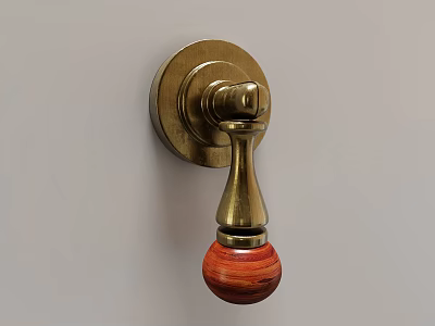 Brass Door Handle With Red Wood Grain Spherical Knob On Light Colored Wall 3d model