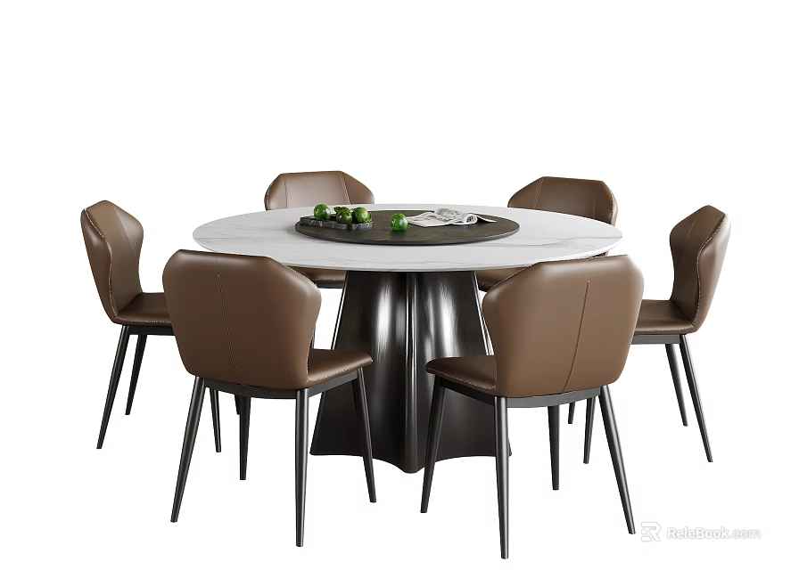 Round Dining Table And Chairs Set With White Tabletop Black Base Six Brown Backrest Chairs 3d model