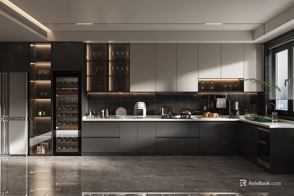 Elegant Luxury Kitchen Interior Design With Dark Gray Cabinets And Marble Island Counter 3d model 