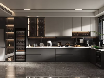Elegant Luxury Kitchen Interior Design With Dark Gray Cabinets And Marble Island Counter 3d model