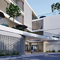 Modern White Multi Storey Building With Glass Balcony And Green Plants At Entrance
