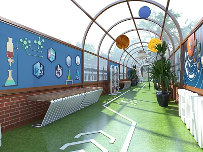 Arched Transparent Awning In Long Corridor With Blue Walls Scientific Icons Green Floor And Plants 3d model