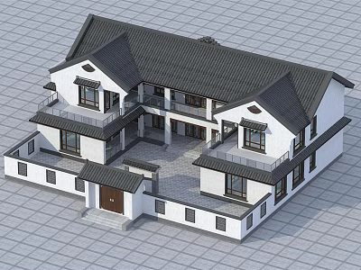 Chinese Style Detached Villa With White Walls Black Tiled Roof And Courtyard 3d model