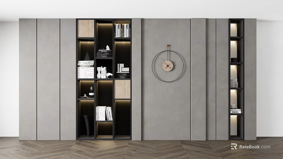 Modern Bookcase Interior Design With Layered Shelves LED Lighting And Wall Clock 3d model