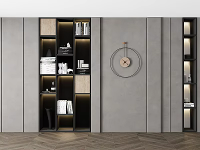 Modern Bookcase Interior Design With Layered Shelves LED Lighting And Wall Clock 3d model