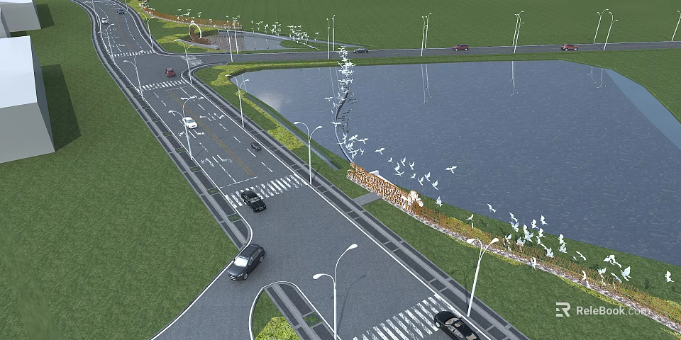 Municipal Road With Street Lamps Vehicles Greenery Crosswalk And Lake View 3d model 
