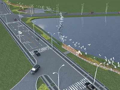 Municipal Road With Street Lamps Vehicles Greenery Crosswalk And Lake View 3d model