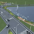 Municipal Road With Street Lamps Vehicles Greenery Crosswalk And Lake View