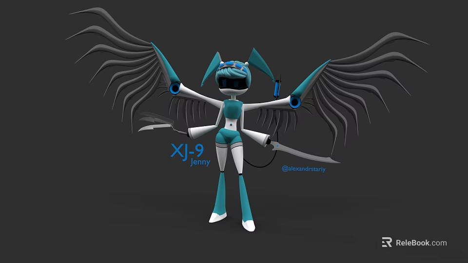 Jenny XJ9 Robot Character With Blue White Body Mechanical Wings And Swords 3d model 