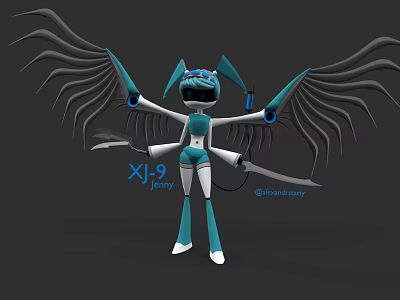 Jenny XJ9 Robot Character With Blue White Body Mechanical Wings And Swords 3d model