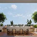 Terrace Garden With Wooden Wall Dining Table Plants Bench Sky And Clouds