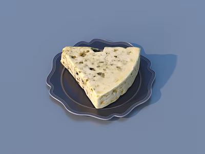 Creamy Herb Infused Cheese Slice Served on Dark Decorative Plate 3d model