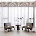 Modern Casual Gray Sofa Set Interior With Window Blinds Round Table Plants And Floor Lamp