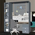 Modern Home Office Desk With Bookshelf Chair Digital Clock And Decorations