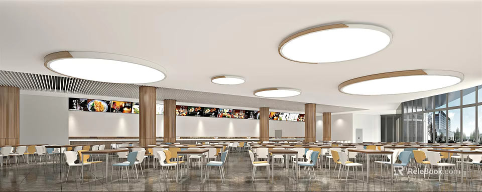 Modern Dining Hall Interior With Round Ceiling Lights Tables Chairs And Menu Displays 3d model