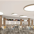 Modern Dining Hall Interior With Round Ceiling Lights Tables Chairs And Menu Displays 3d model