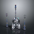 Three Blue And White Robots Featuring Large Central Figure And Smaller Side Units On Gray Surface