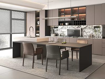 Modern Elegant Open Restaurant With Marble Countertop Pendant Lights And Floor To Ceiling Windows 3d model