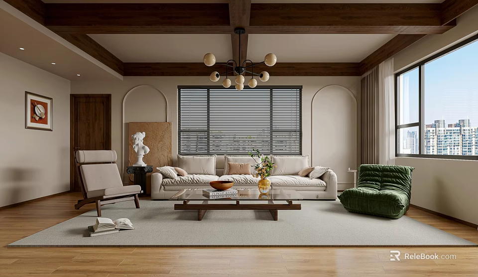 Modern Living Room Interior Design With Beige Sofa Green Armchair Wooden Coffee Table And Chandelier 3d model 