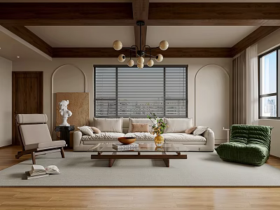 Modern Living Room Interior Design With Beige Sofa Green Armchair Wooden Coffee Table And Chandelier 3d model