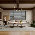 Modern Living Room Interior Design With Beige Sofa Green Armchair Wooden Coffee Table And Chandelier