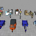 Various Motorcycles and Tricycles in Different Colors Displayed on Tiled Ground
