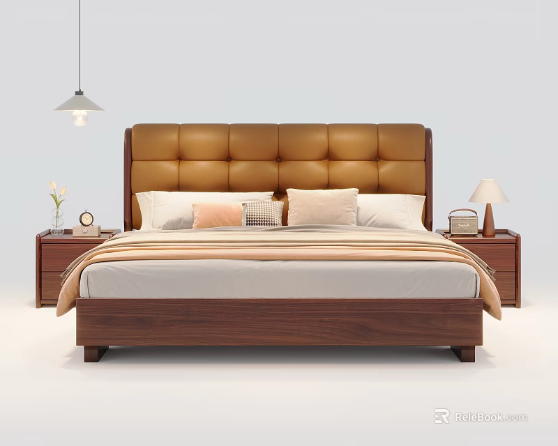 Modern Double Bed with Leather Padded Headboard Wooden Frame Nightstands and Table Lamps 3d model 