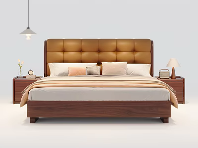 Modern Double Bed with Leather Padded Headboard Wooden Frame Nightstands and Table Lamps 3d model