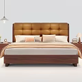 Modern Double Bed with Leather Padded Headboard Wooden Frame Nightstands and Table Lamps