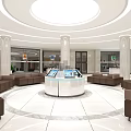 Spacious Bank Lobby With White And Beige Tones Reception Desk Sofas And Round Ceiling Lights 3d model
