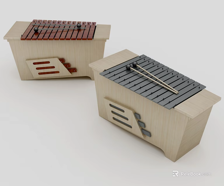 Wooden Musical Instruments With Red And Black Keys And Structured Case Design 3d model